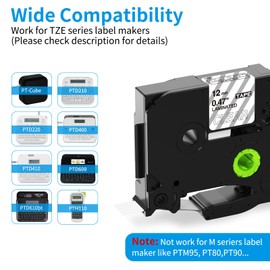 Replacement for Brother Label Maker Tape White on Clear TZe-135 Tape P-Touch 12mm 0.47 Inch TZe TZ Laminated Tape Work for Brother Ptouch PT-D210 PT-H100 PTD400AD PT-P700 Label Maker, 1/2", 5-Pack