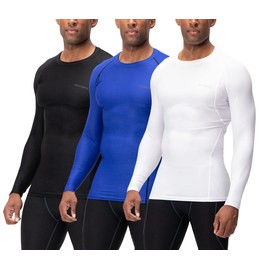 DEVOPS 3 Pack Men's Athletic Long Sleeve Compression Shirts (Large, Black/Blue/White)