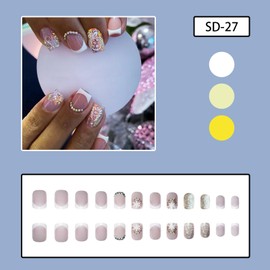 Christmas Fake Nails Short Square French Winter Press on Nails Full Cover Xmas Tree Candy Snow False Nails with Designs Rhinestones Glitter Glossy Glue on Nails Acrylic Artificial Nails for women