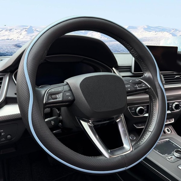 HAOTULE Leather Steering Wheel Cover， with Anti-Slip Stripe Design -