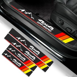 Medwoka Door Entry Guard Sill Protector Fit for 2016-2023 Tacoma Double Cab, Threshold Protection 4x4 Tri-Color Offroad Decal Stickers Carbon Fiber Style Lether Truck Interior Accessories, 4Pcs