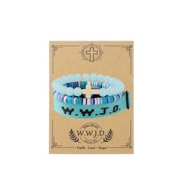 JENMAVJI 3Pcs Set WWJD Beaded Clay Adjustable Strand Bracelet with Meaningful Card Inspirational for Women Jewelry What Would Jesus Do Woven Heishi Polymer-Blue