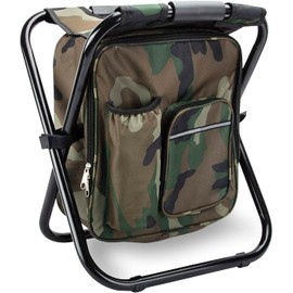 Kikerike Folding Stool Backpack Insulated Cooler Bag, Collapsible Camping Hunting Fishing Multifunction Chair with Front Pocket and Bottle Pocket for Outdoor Events, Hiking, Travel, Beach