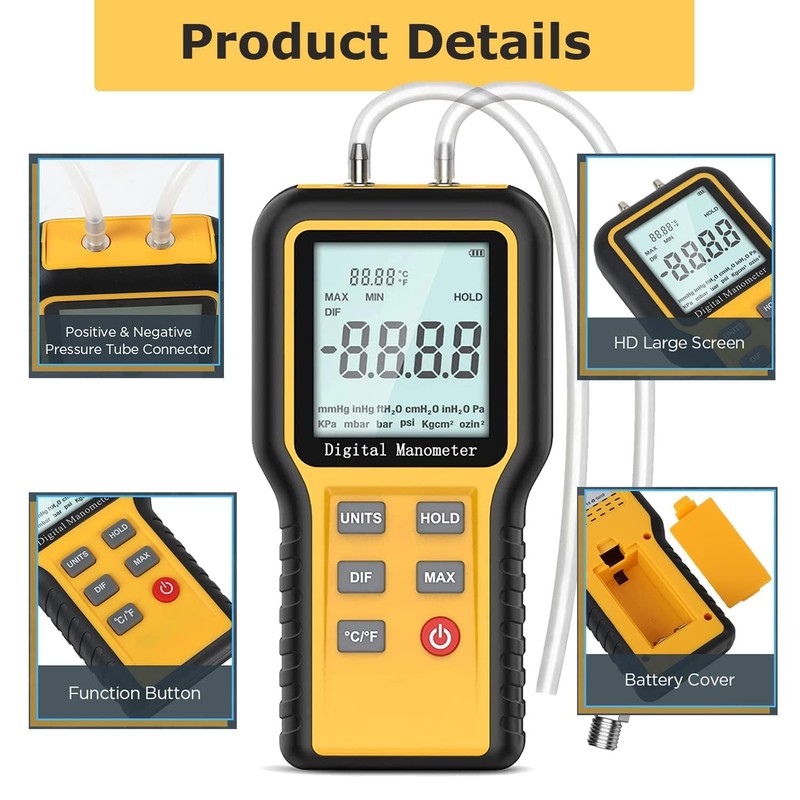 AIOMEST Digital Anemometer Handheld Pressure Gauge Gas Pressure Tester