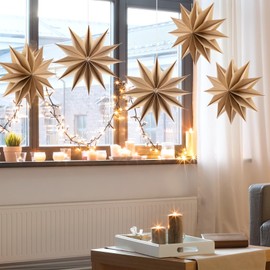 SUNBEAUTY Set of 5 Paper Stars 30 cm Original Wooden Colour Folding Star Christmas Decoration 12 Points Folding Stars Party Decoration for Christmas Decoration Wedding Birthday Table Decoration