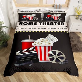 Vintage Cinema Ticket Duvet Cover Movie Theater Theme Bedding Set Filmstrip Home Decorative Comforter Cover Bedroom Decor Bedspread Dpouble Size with 2 Pillow Case