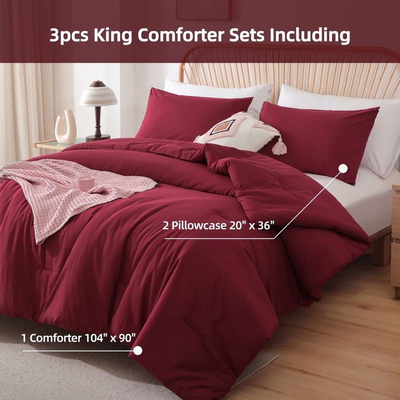 ROSGONIA King Size Comforter Set Dark Red,3pcs King Comforter Set(1