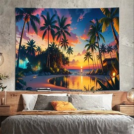 FENDROM Tropical Tapestry, Sunset Beach Ocean with Palm Tree Silhouette Fantasy Twilight Art Wall Hanging for Bedroom, Seaside Landscape Art Tapestries Bedroom Living Room Dorm Decor