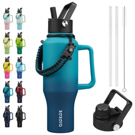 BJPKPK Insulated Water Bottles with Straw Lid, 35oz Metal Water Bottle with 2 lids & Paracord Strap, Double Wall Stainless Steel Tumbler with Handle, Reusable Cups, Mugs, Thermo, Sea