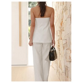 SOLY HUX Women's 2 Piece Outfit Strapless Tube Top and Wide Leg Pants Going Out Set Solid Beige Small