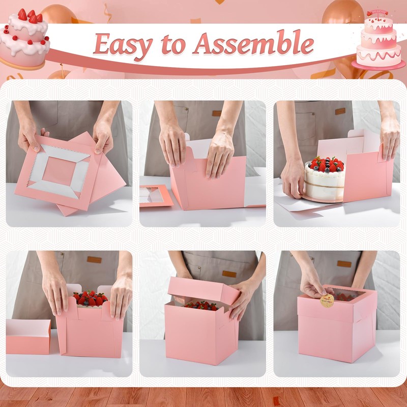 DOYIDE 12Pcs 8x8x8 Inches Cake Boxes, Pink Square Bakery Boxes