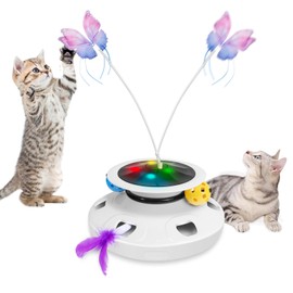 Interactive Cat Toy, [3 in 1] Automatic Rotating Butterfly & Moving Feather Hide Seek Mouse Holes with Exercise Track Balls Refills for Indoor Kitten