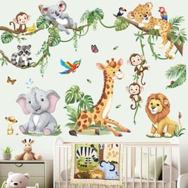 decalmile Safari Animals Tree Branch Wall Stickers Jungle Animals Giraffe Elephant Leopard Tropical Leaves Wall Decals Baby Nursery Kids Room Wall Decor