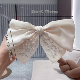 8 Inch Big Bow Hair Clips, Magnificent Pearl Large Bow Hair Slides, Bow Hair Barrette Metal Spring Clip (White)
