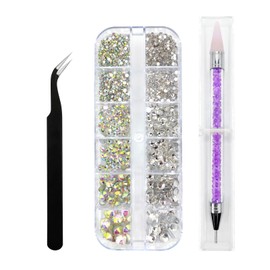 1500pcs 6 Sizes Flat Back Glitter Stone AB Color/Clear Nail Art Makeup Glitter Stones Set (Tweezers and Wax Pen) Wedding Shoes Decoration DIY Craft Materials