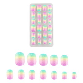 24 Pcs Rainbow Kids Press on Nails Pre-glue Children False Nails Short Oval Full Cover Artificial Fake Nails Gradient Glitter Acrylic Nail Tips for Little Girls Gift (Rainbow Pink)