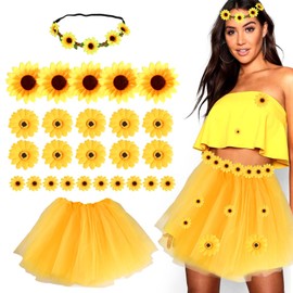 Bubuny Sunflower Costume Women's Set, Yellow Tulle Skirt Women, 25 Pieces Artificial Sunflowers, Sunflowers Headband, Sunflower Costume for Carnival Theme Party Cosplay Wedding
