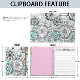 Rimilak Spiral Clipboard Folio with Refillable Lined Notepad, 14.5 x 9.8 in, Hardcover Cover with 5 Interior Pockets, Elastic Band and Pen Loop Series. Cute Stylish Clipfolio, Mandala Flower