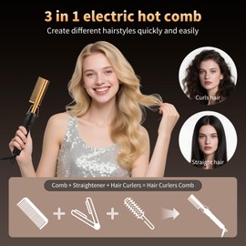 Haarglätter Bürste Lockenkamm, 330°F - 450°F 4 Temperatur Einstellungen Hot Comb for Afro hair Lace wigs Bart, Keramik Glättkamm für nasses und trockenes Haar