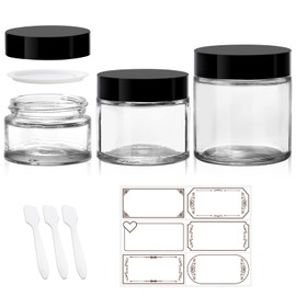 3 Pack Clear Glass Jars with lids, 4 oz, 2oz and 1 oz Cosmetic Jars with Inner Liners and Black Lids, Lotion Jars, Candle Making Jars for Lotions, Scrubs and Cosmetic, Lables and Spatulas Include