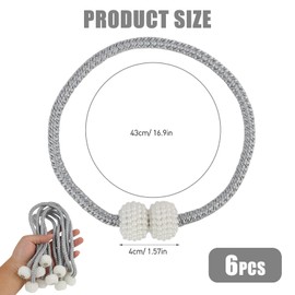 Magnetic Curtain Tiebacks - 6 Pack, Modern Pearl Curtain Drapes Clips, Weave Rope Holdbacks, Strong Magnetic Curtain Holder Buckles for Home and Office Decor, Silver Grey, 43cm Length