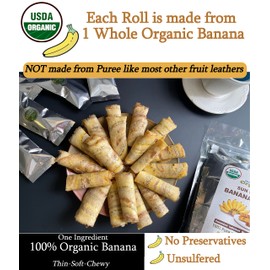 100% USDA Certified Organic Sun Dried Banana Snacks 1 LB - Natural Fruit Leather No Sugar Added - No Preservatives - Unsulfured - Soft and Chewy - 20 Count