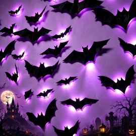 Murciélagos Halloween 3D Iluminados, Juego de 48 Murciélagos Decorativos con Luces LED, 2 Efectos de Iluminación, Fácil de Pegar, Decoración de Halloween para Paredes, Ventanas y Fiestas