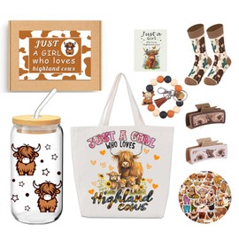 Hqvbvc 8Pcs Highland Cow Lover Gifts Set for Women 16oz Highland Cow Tumblers Cup with Lids Keychain Socks Bags Hair Clips Stickers Cow Themed Gifts Highland Cow Stuff for Birthday gifts (Pink)