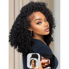 Julia Hair Afro Kinky Curly Half Wigs Human Hair 4C Blend Edges Hairline with Drawstring 3 In 1 Flip Over Clip in Glueless Beginner Friendly Headband Curly 3/4 Half Wig for Women 24 Inch