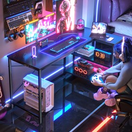 Huuger L Shaped Desk, 47 Inch Gaming & Home Office Desk with Reversible Storage Shelves, Metal Frame, Carbon Fiber Black