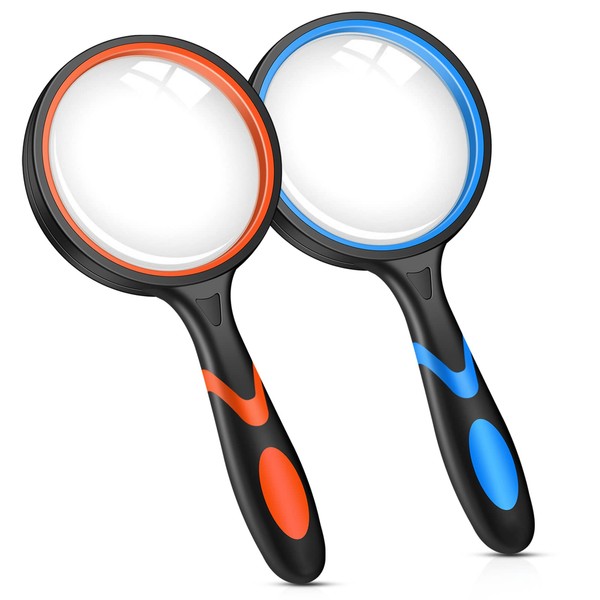 2PCS Upgrade 10X Magnifying Glass, Large Handheld Magnifier Magnafying. Glasses for Kids/Seniors Reading, 3 Inch Shatterproof Lupa Magnify Glass Lens, Rubber Handle - for Observation