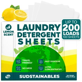 Sudstainables Laundry Detergent Sheets 200 Loads – Dissolvable Laundry Sheet for Washing Machines, Compact Alternative to Liquid & Powder Detergent, Travel-Friendly Soap | Lemon