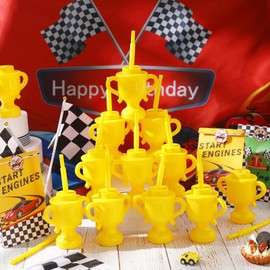 Zubebe 12 Pcs Race Car Trophy Cups with Straws and Lids, 10 oz Plastic Reusable Party Cups for Kids Monster Truck Construction Birthday Party Supplies(Golden Yellow)
