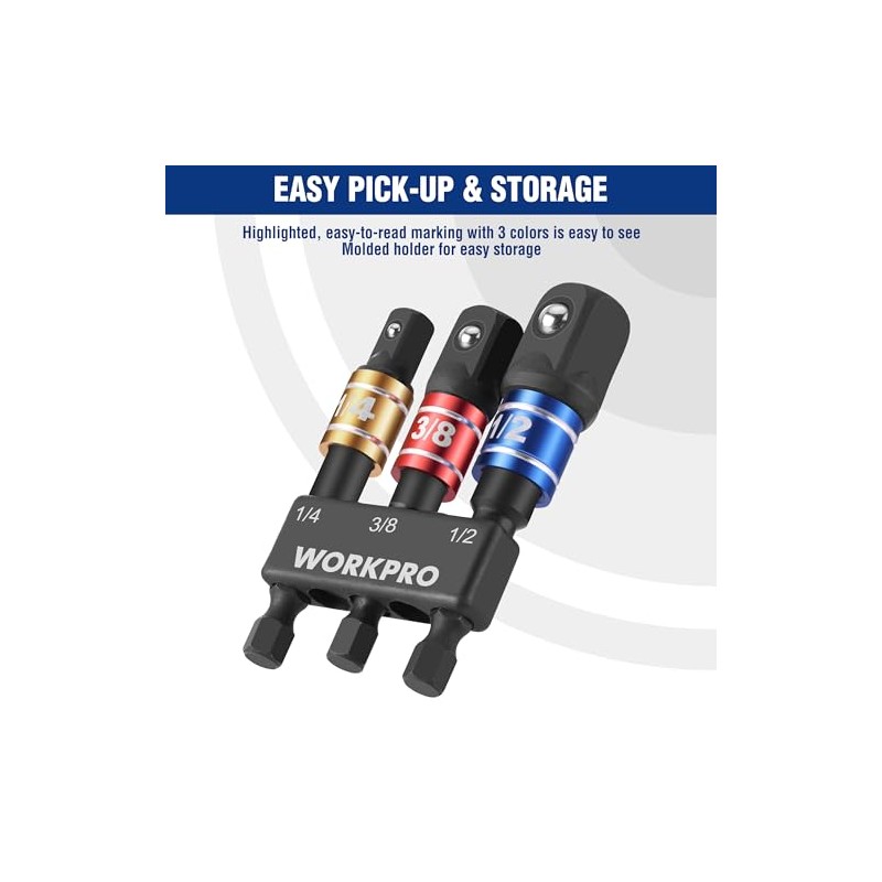 WORKPRO Impact Grade Socket Adapter Set, 1/4", 3/8", & 1/2"