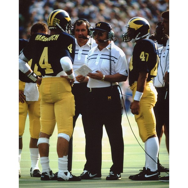 JIM HARBAUGH AND BO SCHEMBECHLER MICHIGAN WOLVERINES 8X10 SPORTS ACTION PHOTO (XLT)