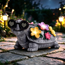Solar Garden Outdoor Turtle Statue with Sunglasses and Flower LED Lights