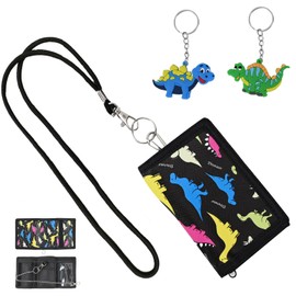 RAFIYU Children's Neck Pouch, Children's Wallet, Dinosaur Motifs Wallet for Boys and Girls, Tri-Fold Wallet with Drawstring, Metal Chain, Note Compartment, Coin Compartment and Key Ring, black, Casual