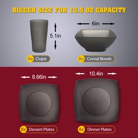 Teivio 32-piece Plastic Wheat Straw Square Dinnerware Set for 8, Unbreakable Dinner Plates, Salad Plates, Snack Bowls, Tumblers 20 oz, Dishwasher Safe, Clear Black