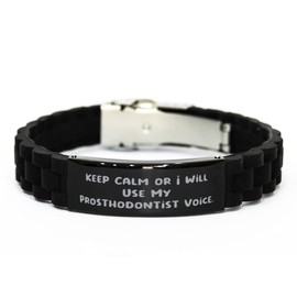 Keep Calm or. Black Glidelock Clasp Bracelet, Prosthodontist Engraved Bracelet, Beautiful Gifts for Prosthodontist from Coworkers, Dental implants, Tooth Replacement, Cosmetic Dentistry, Veneers,