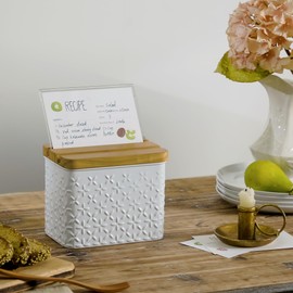 HOME PALETTE Recipe Box with Cards and Dividers Set 4x6 Recipe Holder for Kitchen Counter Metal White Flower Pattern Embossed Recipe Card Box with Wooden Grooved Lid