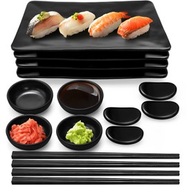 ELFULLY 16 Pcs Sushi Plate Set, Melamine Sushi Serving Set for 4, Japanese Dinnerware Sets with 4 Sushi Trays, 4 Soy Sauce Bowls 4 Pairs of Chopsticks and Holders, Wedding Housewarming Gift, Black