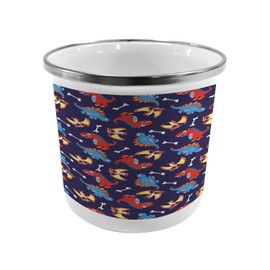 Ambesonne Dinosaur Steel Camping Mug, 3 Different Cartoon Dinosaurs Funny Expressions and Bones Theme, Printed Thermal Cup for Camping and Outdoor Activities, Navy Blue Orange Red