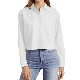 siliteelon Button Down Shirts for Women Cotton Cropped Long Sleeve Button Up Shirts Crop Shirts Tops Blouse with Pocket White