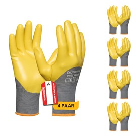 Gebol Wet Guard, 4 Paar Arbeitshandschuhe mit Nitrilbeschichtung, wasserfeste Montagehandschuhe mit 3/4-Beschichtung und rutschfestem Grip, Gr.L/9, Gelb