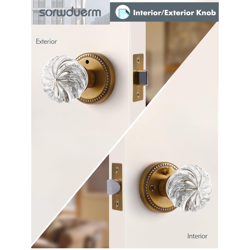 SORWDUERM 1 Pack Crystal Knobs Antique Brass Door Knob Interior