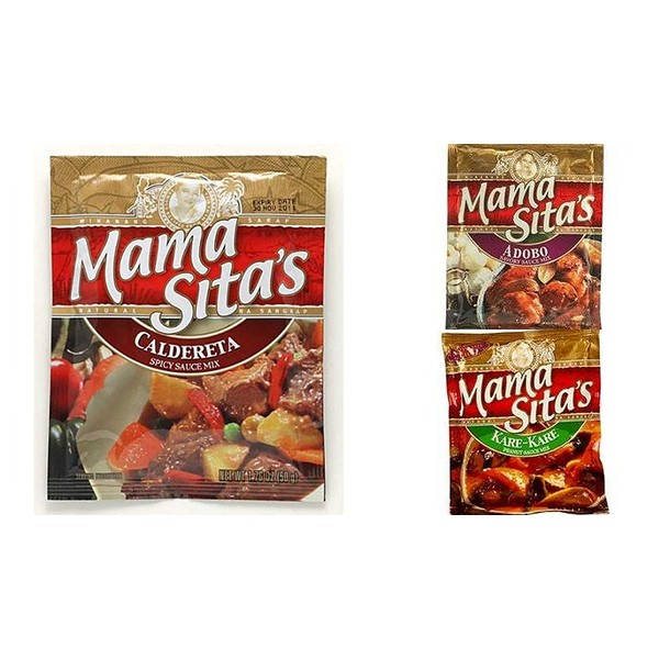 Mama Sita's Sauce Mix 6-Packet Variety Bundle includes 2-Packet Kare Kare Mix, 2.0 oz + 2-Packet Caldereta Mix, 1.76 oz + 2-Packet Adobo Mix, 1.76 oz
