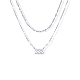 PAVOI Rhodium Plated Angel Number Pendant Layering Necklace for Women | 222 Lucky Numerology Singapore Chain Necklace