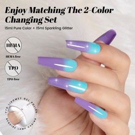 YTD Likomey Gel Polish Set,15ml Color Changing Mockingbird Egg Blue To Purple Pure Color and Glitter Nail Gel Kit,Thermal Ombre Change Colors Translucent Salon Manicure UV Varnish,2 Pcs 0.5 Oz,WB2-08