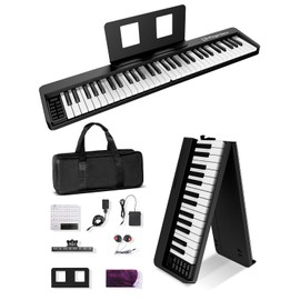 Finger Dance 61 Key Folding Piano Keyboard, Upgrand Imitation Wood Texture Keyboard Portable Piano, Bluetooth & MIDI, Foldable Keyboard Piano for Beginner - Deep Black