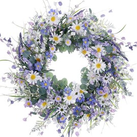 22 Inches Spring Wreaths for Front Door Spring Floral Wreath Summer Wreath with Daisy Lanvender for Front Porch Indoors Outdoor Window Home Decorations - Color: 22 inch